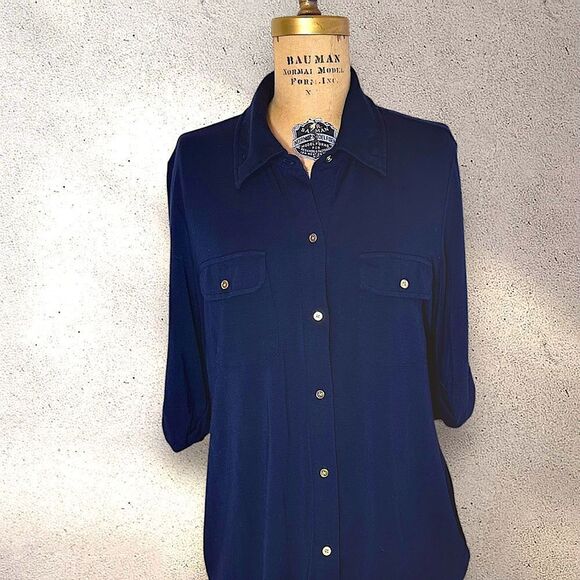 Charter Club Dark Navy Button-Up soft knit jersey short sleeve Shirt size Large - Picture 1 of 10